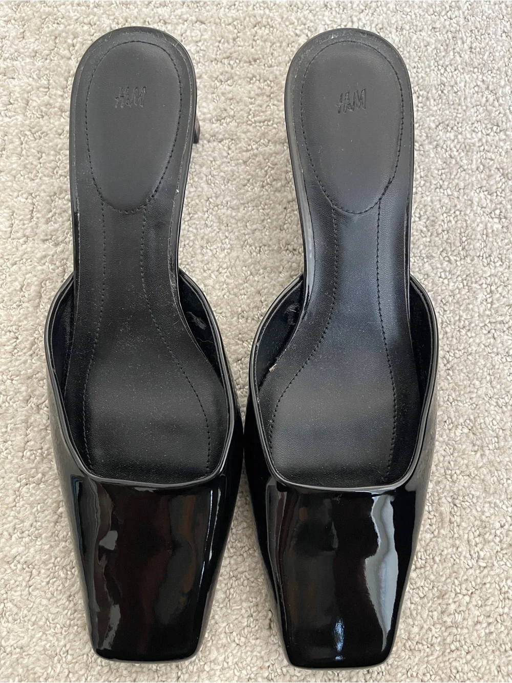 H&M Women's Black Patent Square-Toe Block Heel Mule Pumps 41